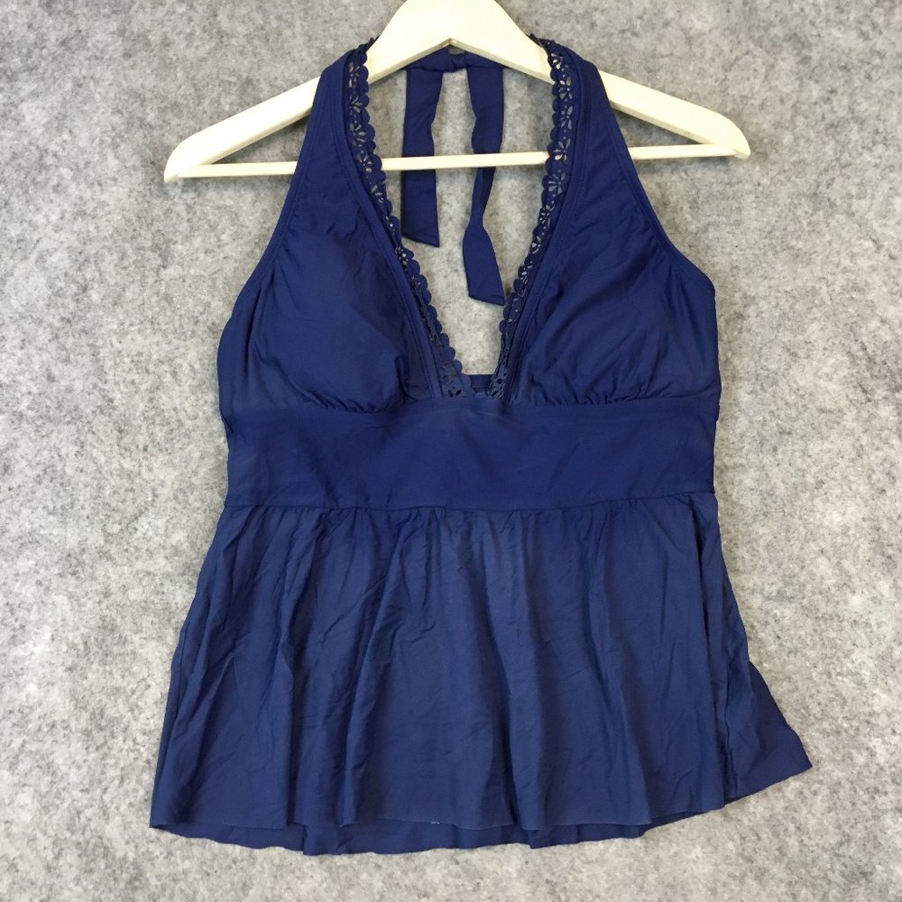 Apt 9 Tankini Top L Solid Navy Blue Halter Triangle Top Laser Cut Trim Tie Neck